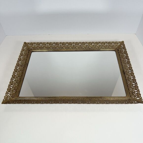 Mirrored Vanity Tray For Trinkets, Jewelry & Makeup With Brass Filigree VTG 16" - Picture 2 of 12